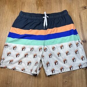 Buc-ees Swim Shorts Mens Medium 7" Inseam Multicolor Striped Beaver Logo Print